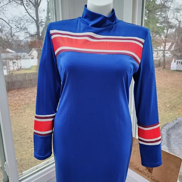 Royal Blue Red & White Ribbed Striped Mock Neck Maxi Column Knit Dress - Picture 8 of 16